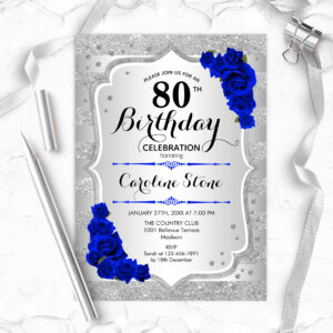 80th Birthday - Silver Stripes Royal Blue Roses Invitation