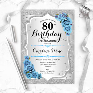 80th Birthday - Silver Stripes Turquoise Roses Invitation