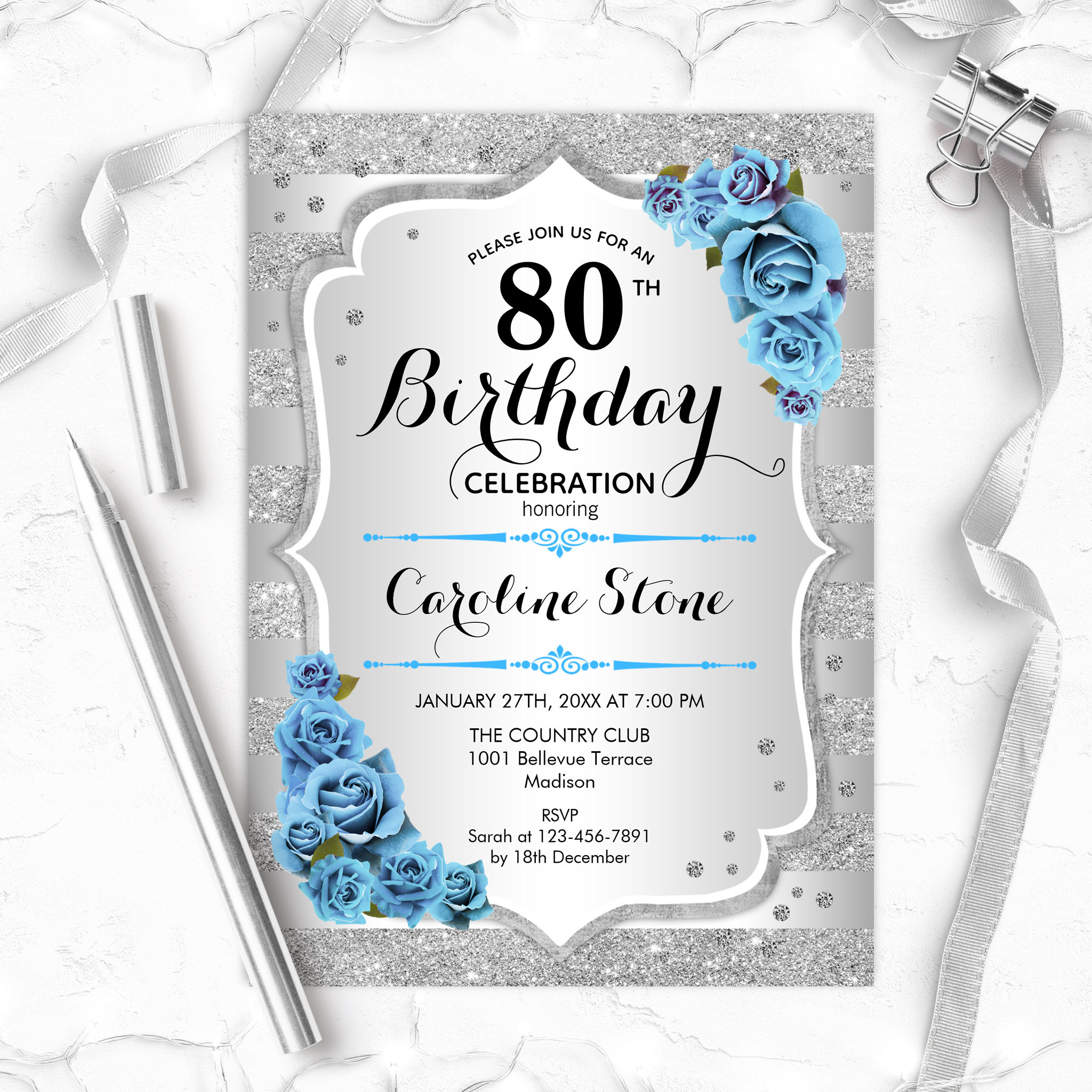 80th Birthday - Silver Stripes Turquoise Roses Invitation