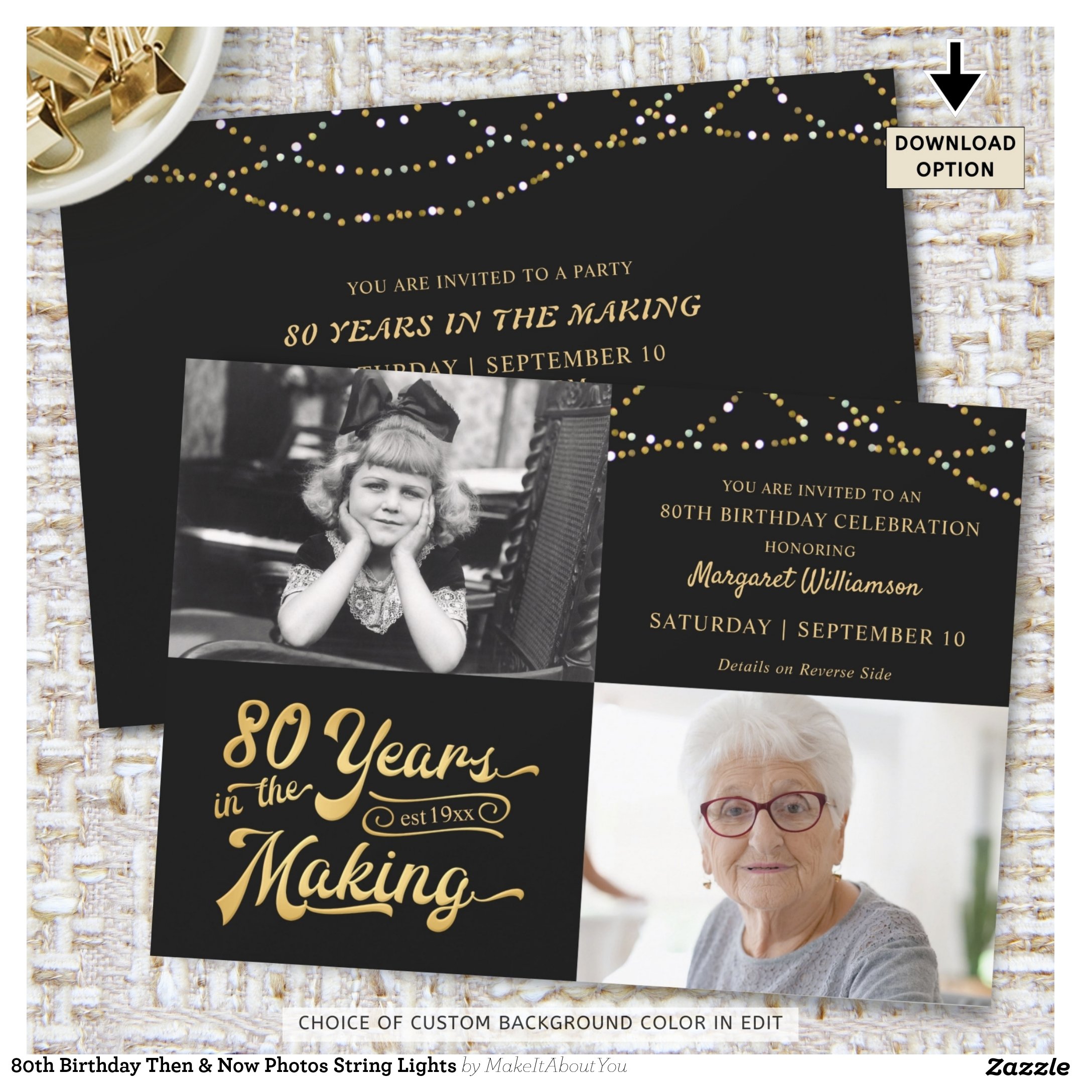 80th Birthday Then & Now Photos String Lights Invitation
