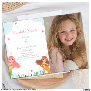 8th Mermaid Birthday Invitations with photo