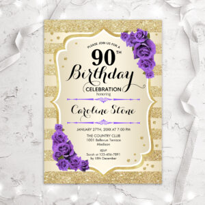90th Birthday - Gold Stripes Purple Roses Invitation