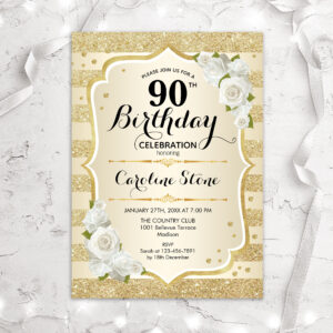 90th Birthday - Gold Stripes White Roses Invitation