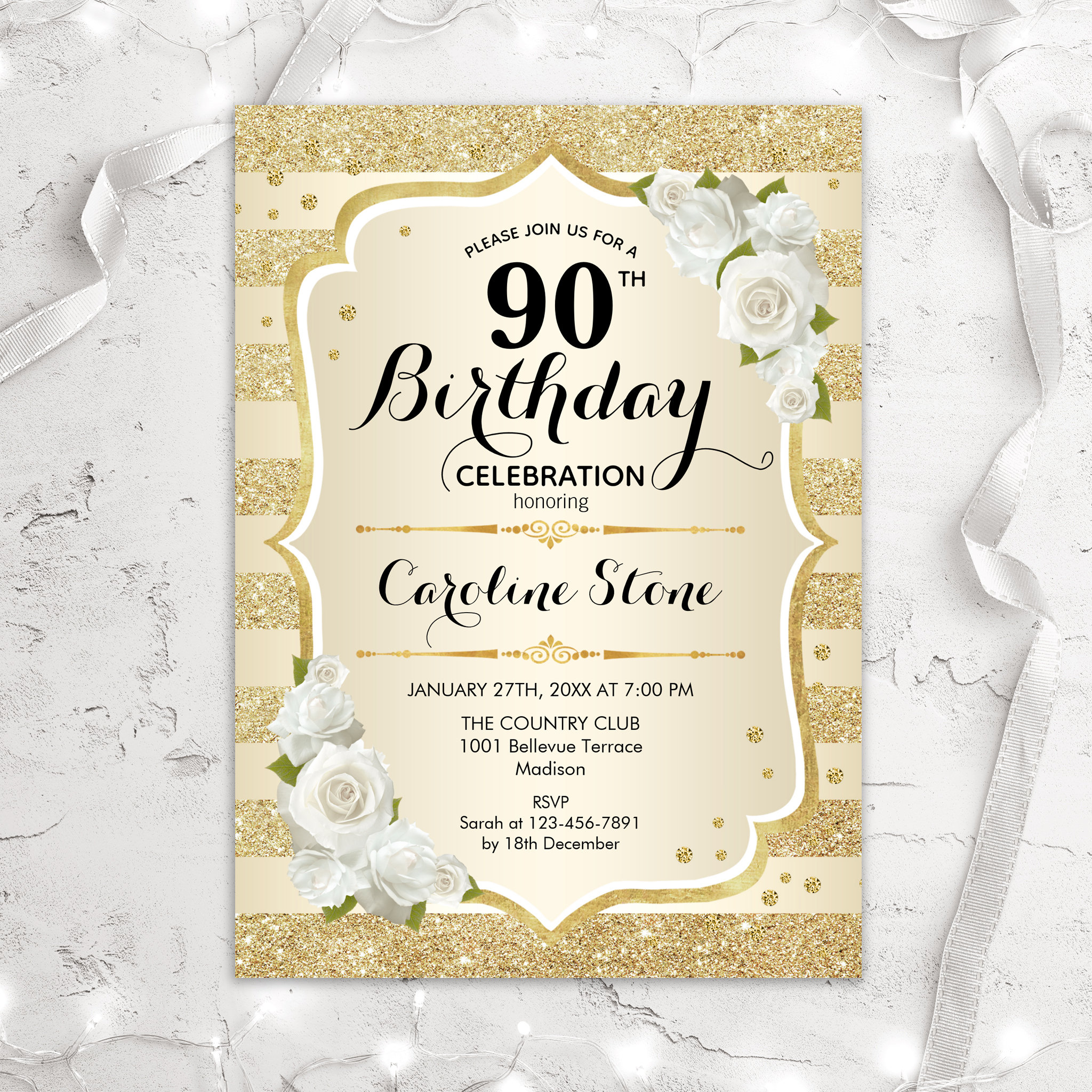 90th Birthday - Gold Stripes White Roses Invitation