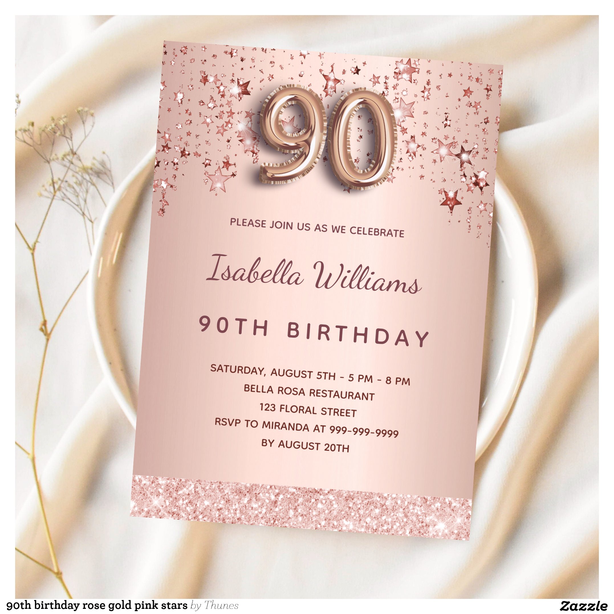 90th birthday rose gold pink stars invitation