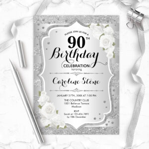 90th Birthday - Silver Stripes White Roses Invitation
