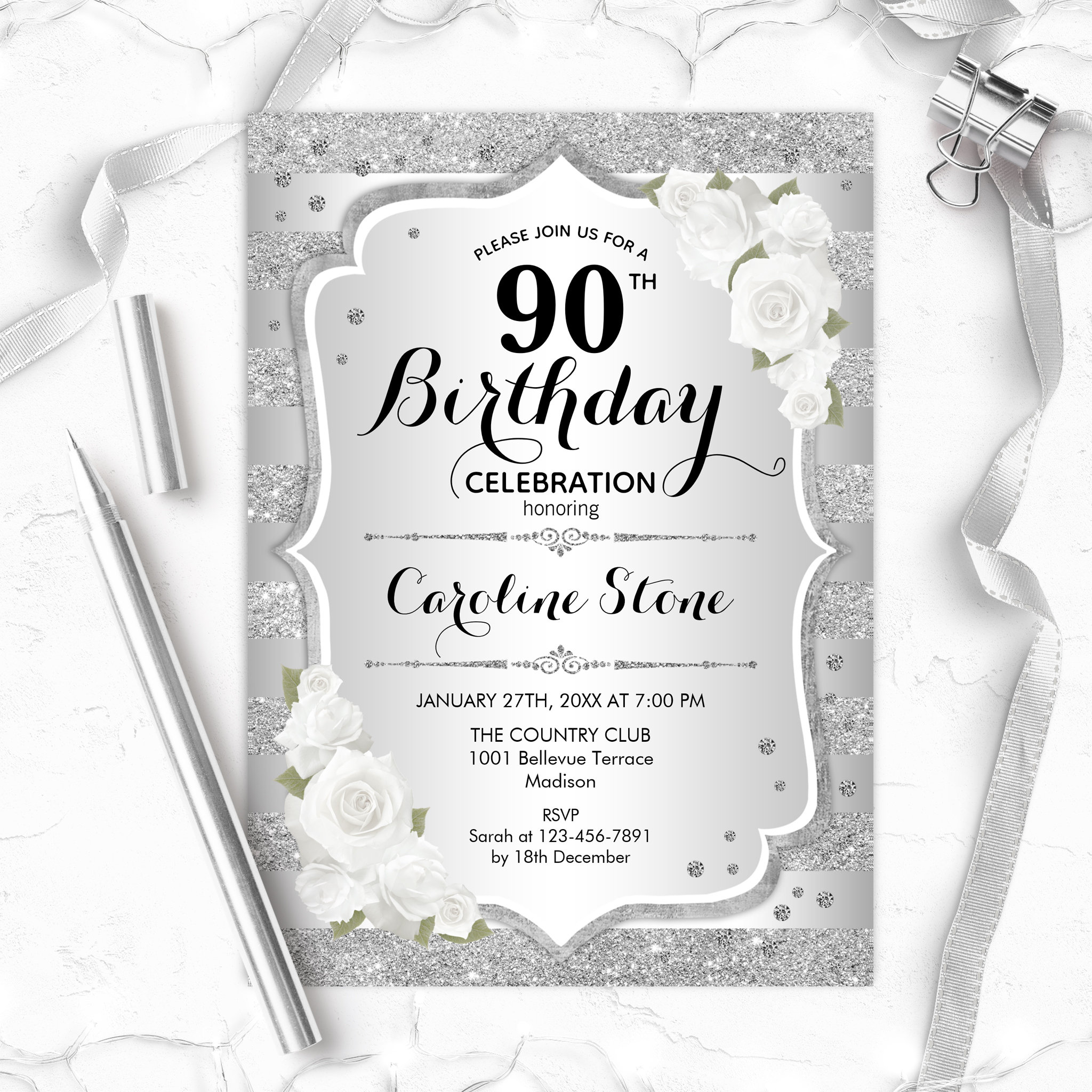 90th Birthday - Silver Stripes White Roses Invitation