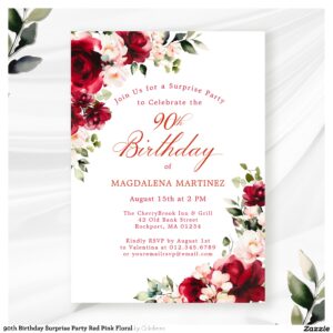 90th Birthday Surprise Party Red Pink Floral Invitation