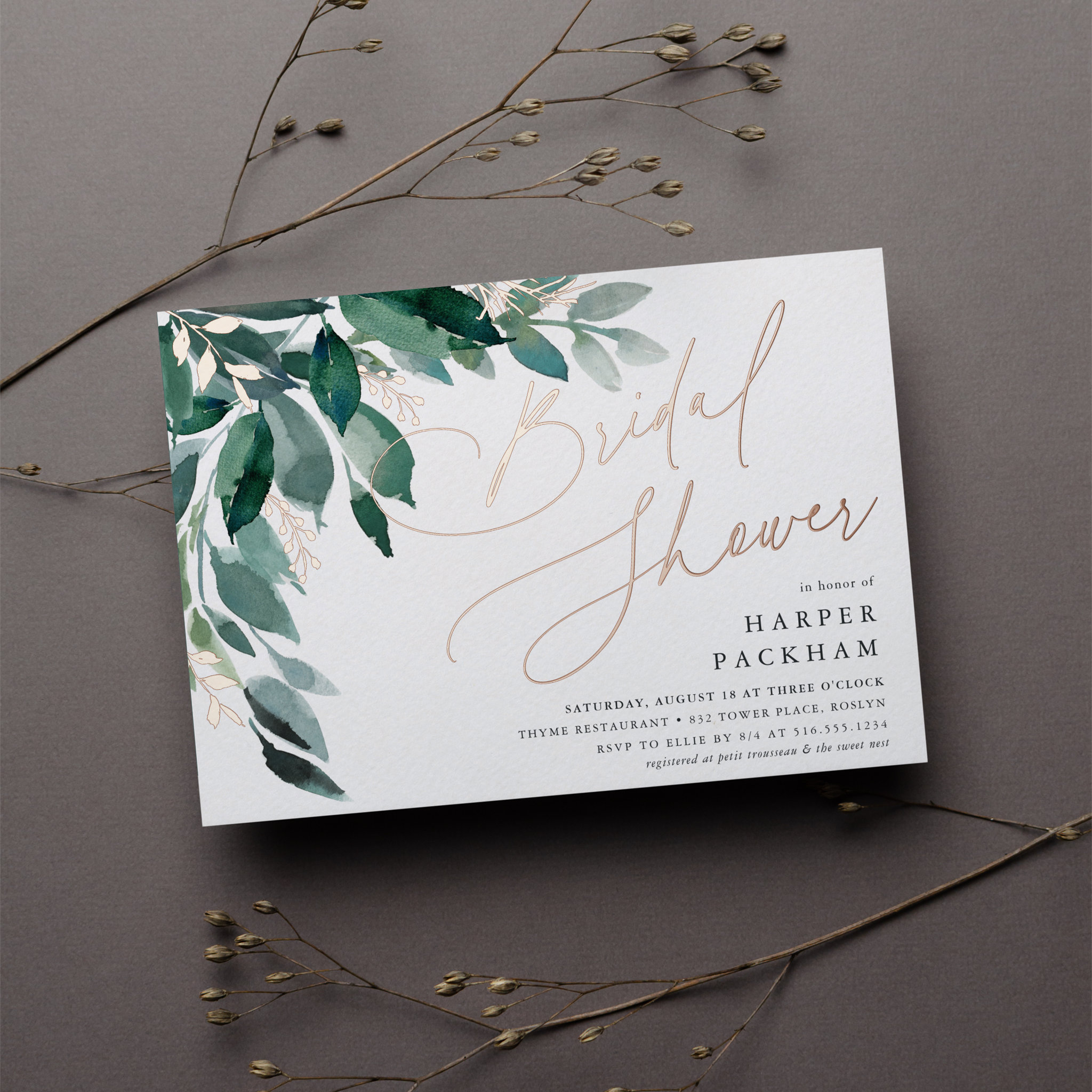 Abundant Foliage Bridal Shower Foil Invitation