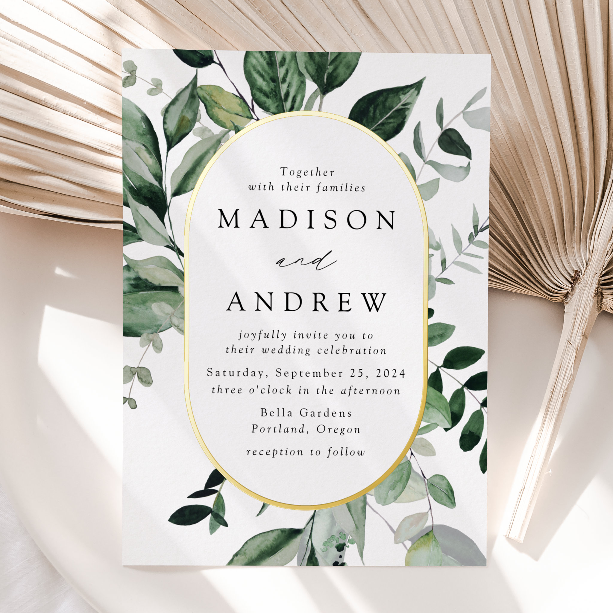 Abundant Greenery Gold Oval Frame Wedding Foil Invitation