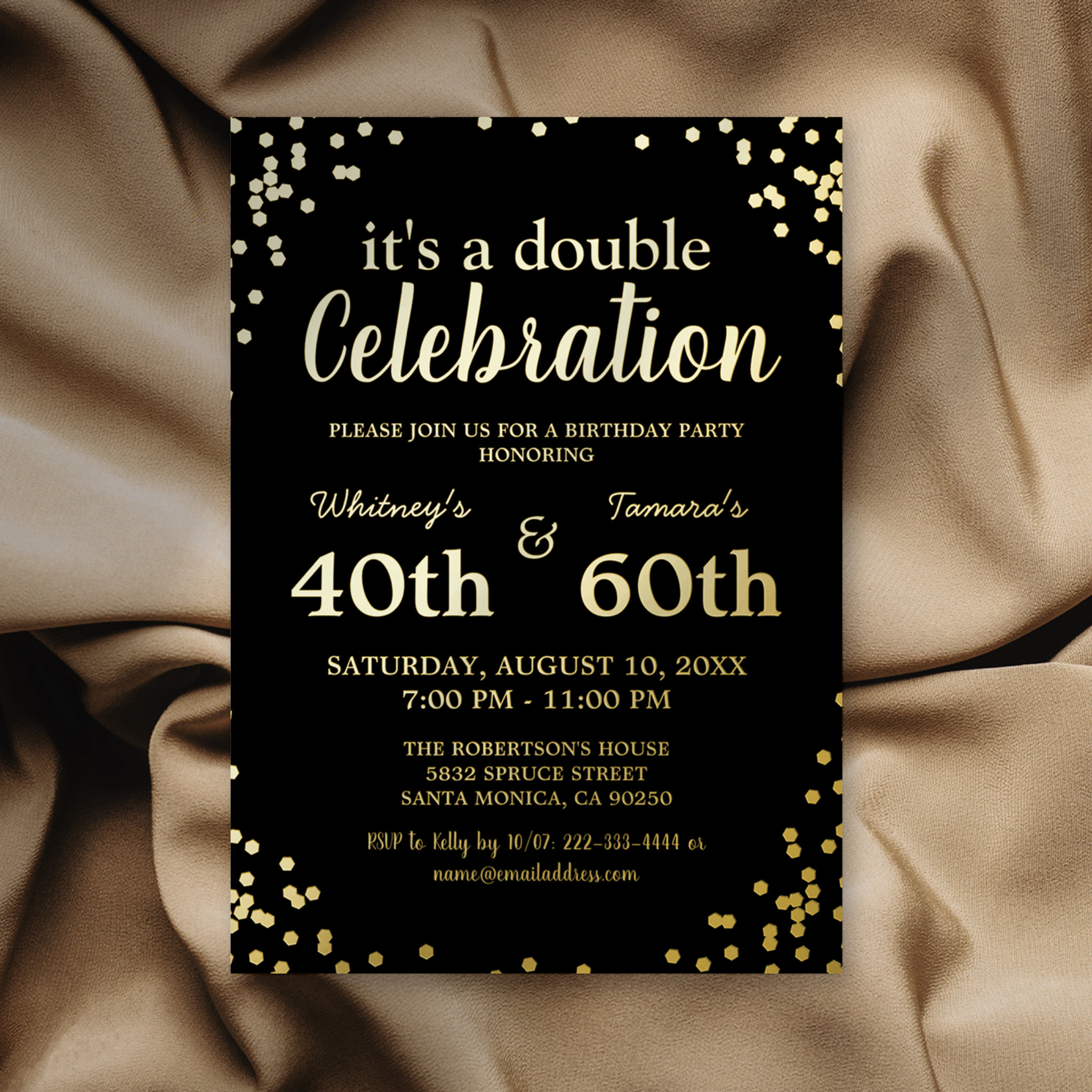 Adult Joint Birthday Party Black Real Gold Foil Invitation