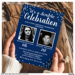 Adult Photo Blue Silver Birthday Invitation