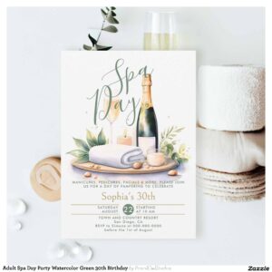 Adult Spa Day Party Watercolor Green 30th Birthday Invitation