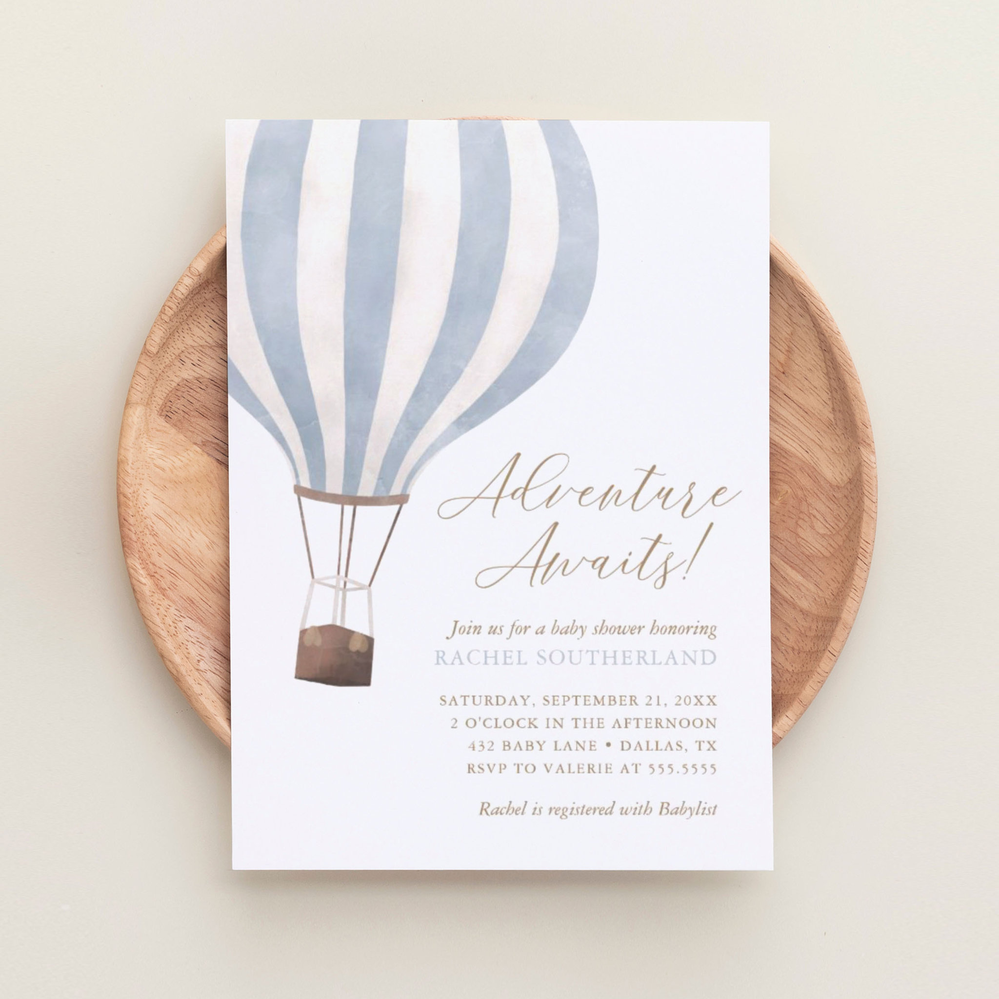 Adventure Awaits Blue Hot Air Balloon Baby Shower  Invitation
