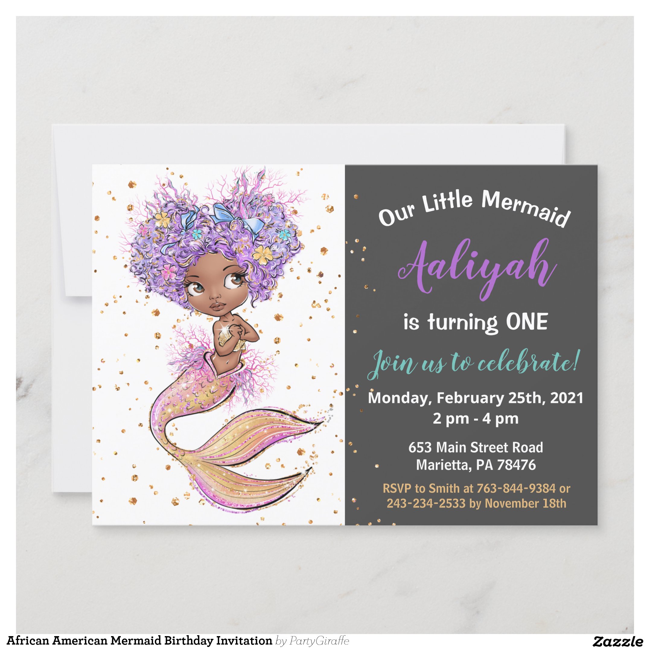 African American Mermaid Birthday Invitation