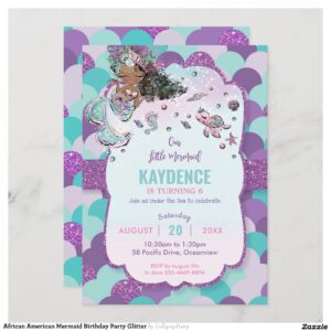 African American Mermaid Birthday Party Glitter Invitation