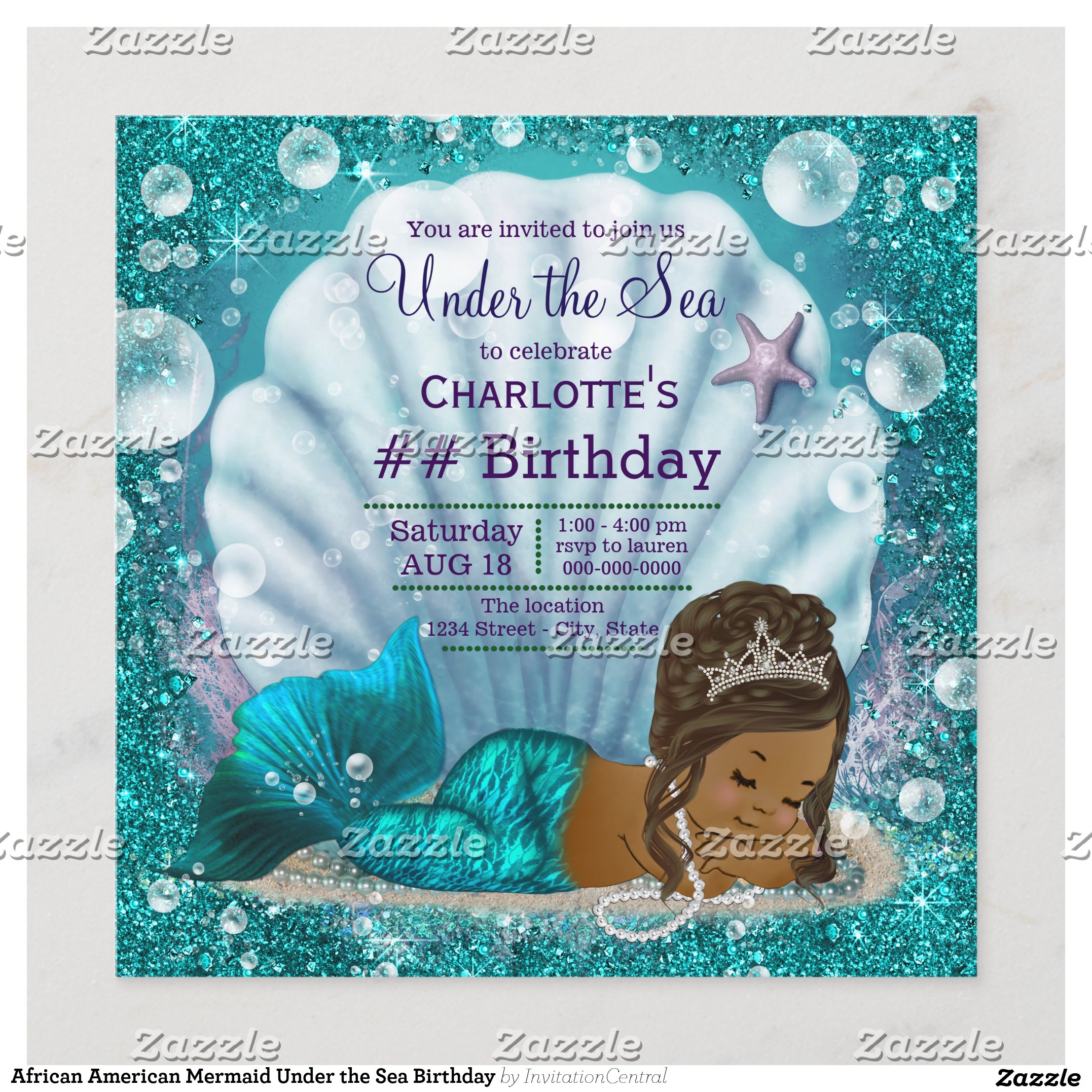 African American Mermaid Under the Sea Birthday Invitation