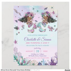 African Brown Mermaids Twins Sisters Birthday  Invitation