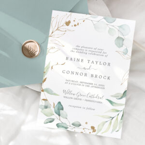 Airy Greenery and Gold Leaf Formal Wedding Invitation