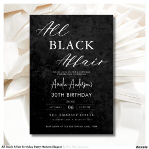 All Black Affair Birthday Party Modern Elegant Invitation