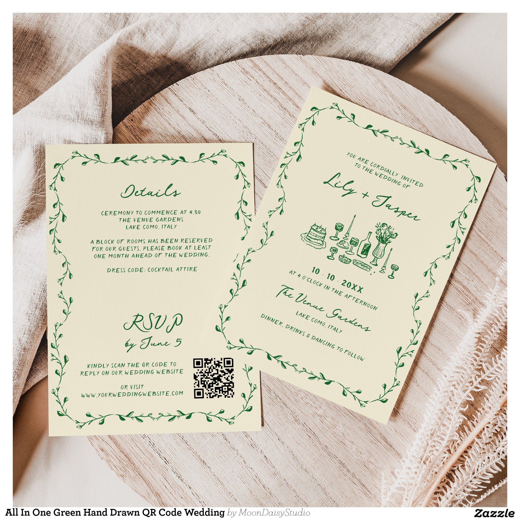 All In One Green Hand Drawn QR Code Wedding Invitation