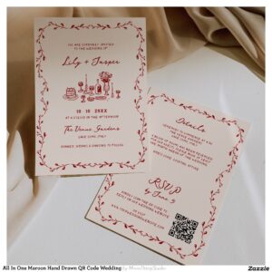 All In One Maroon Hand Drawn QR Code Wedding Invitation