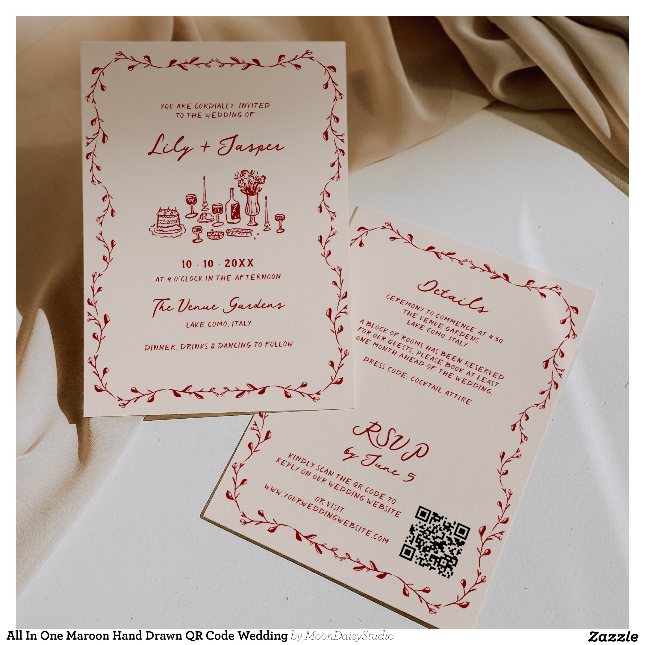 All In One Maroon Hand Drawn QR Code Wedding Invitation