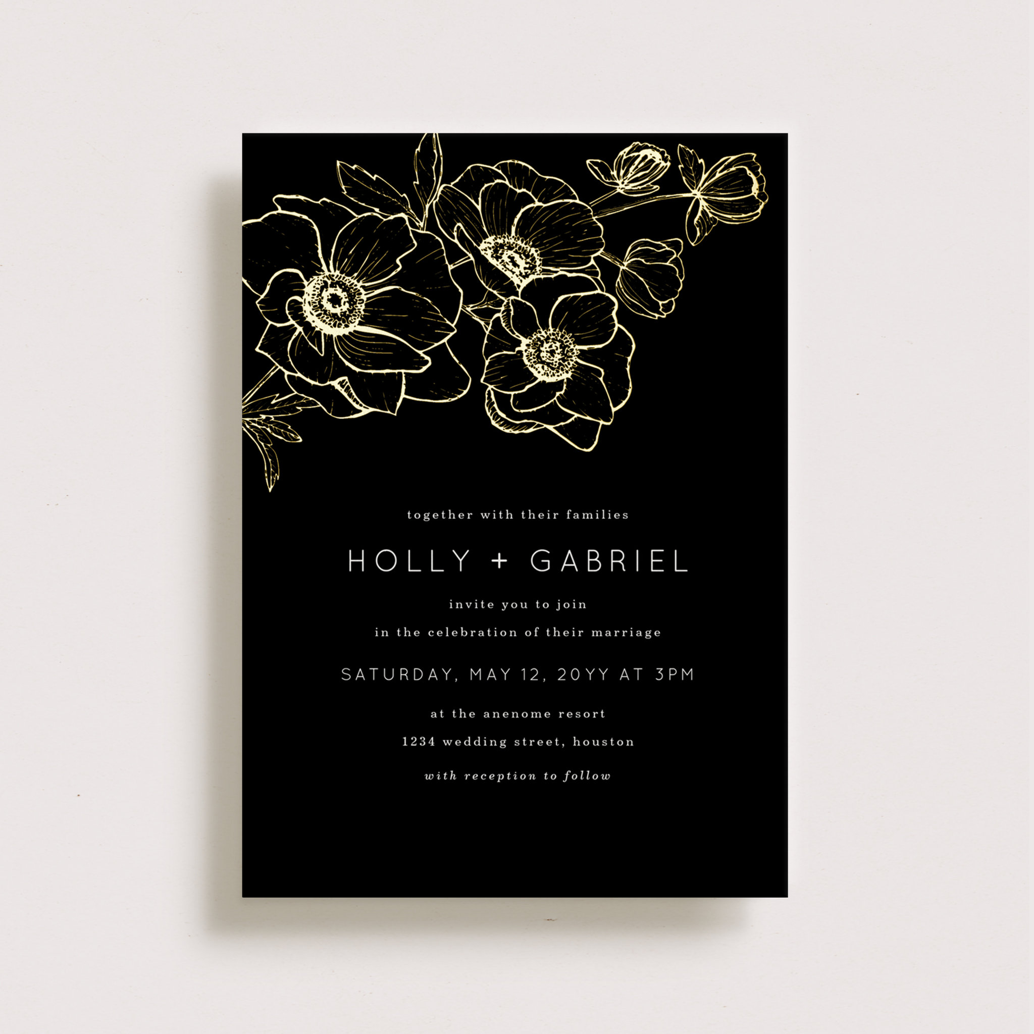 Anemone Bouquet Wedding Real Gold Foil Invitation