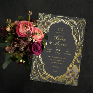 Antique Floral Art Nouveau Wedding Gray Gold Foil Invitation