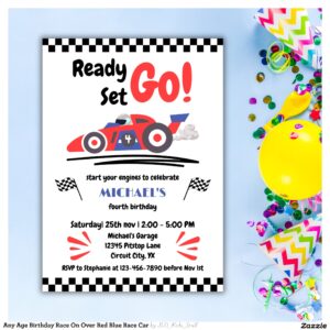 Any Age Birthday Race On Over Red Blue Race Car Invitation