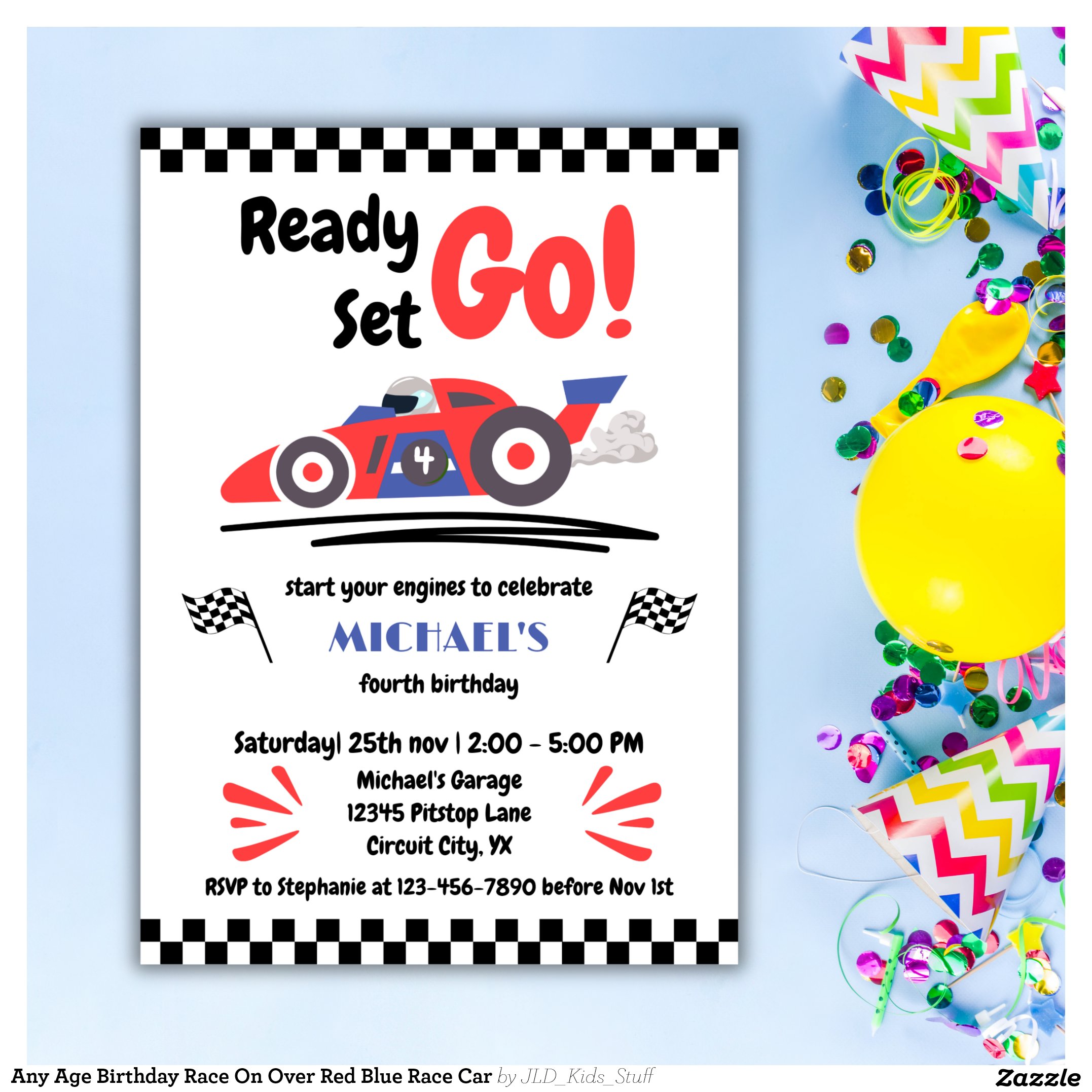 Any Age Birthday Race On Over Red Blue Race Car Invitation