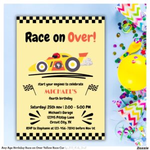 Any Age Birthday Race on Over Yellow Race Car Invitation