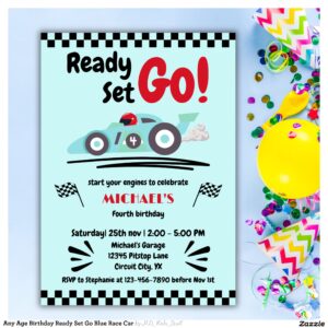 Any Age Birthday Ready Set Go Blue Race Car Invitation