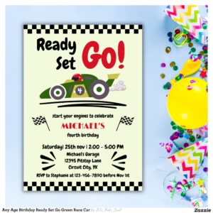 Any Age Birthday Ready Set Go Green Race Car Invitation