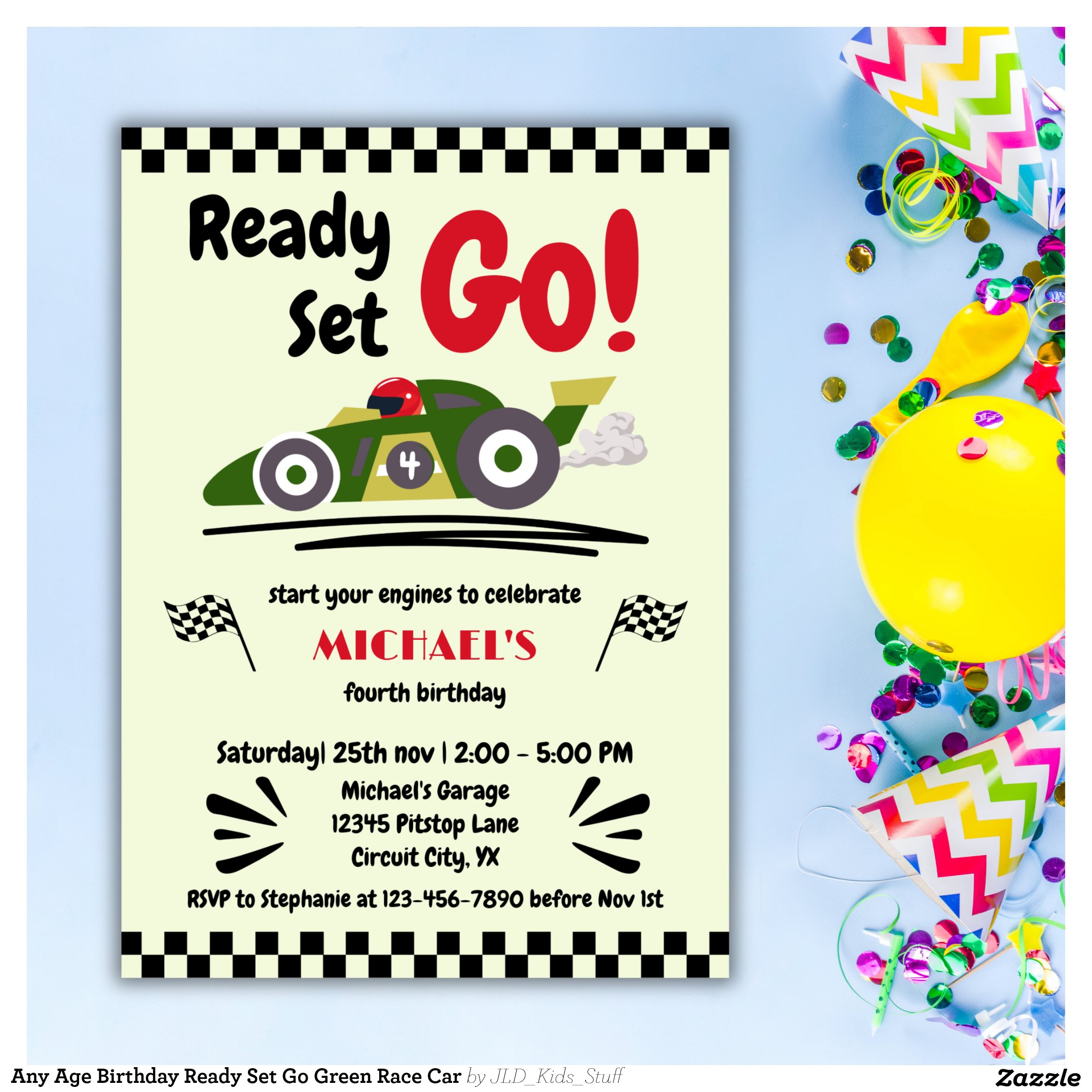 Any Age Birthday Ready Set Go Green Race Car Invitation
