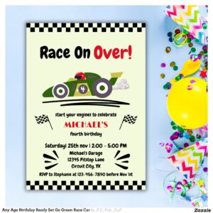 Any Age Birthday Ready Set Go Green Race Car Invitation