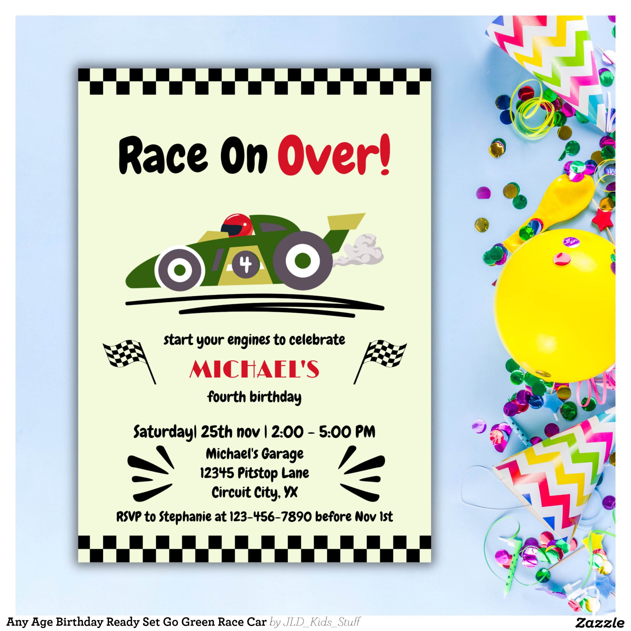 Any Age Birthday Ready Set Go Green Race Car Invitation