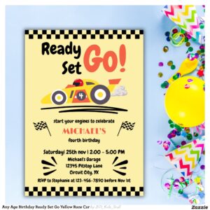 Any Age Birthday Ready Set Go Yellow Race Car Invitation