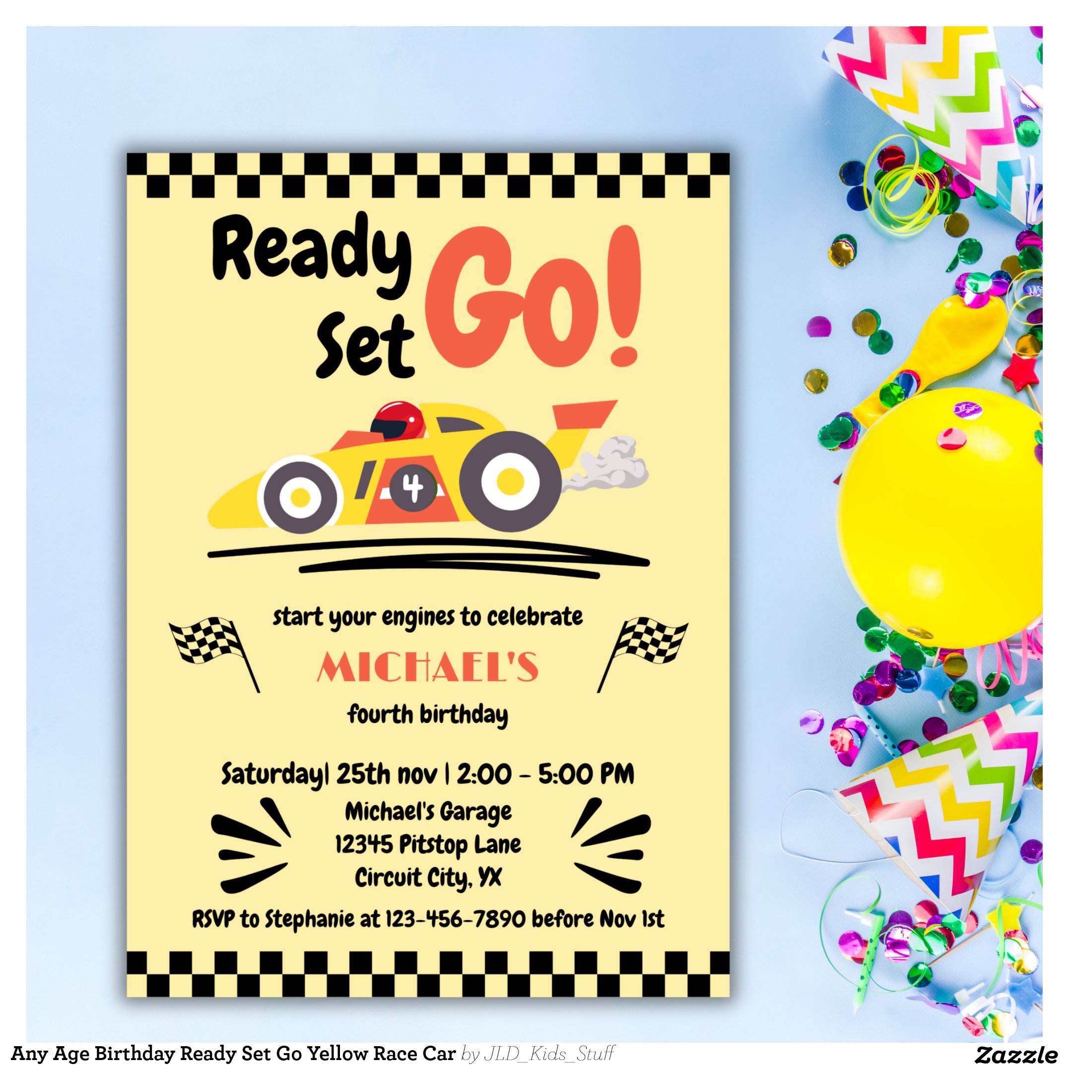 Any Age Birthday Ready Set Go Yellow Race Car Invitation