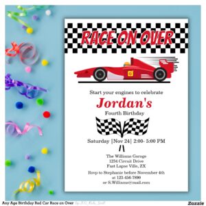 Any Age Birthday Red Car Race on Over Invitation
