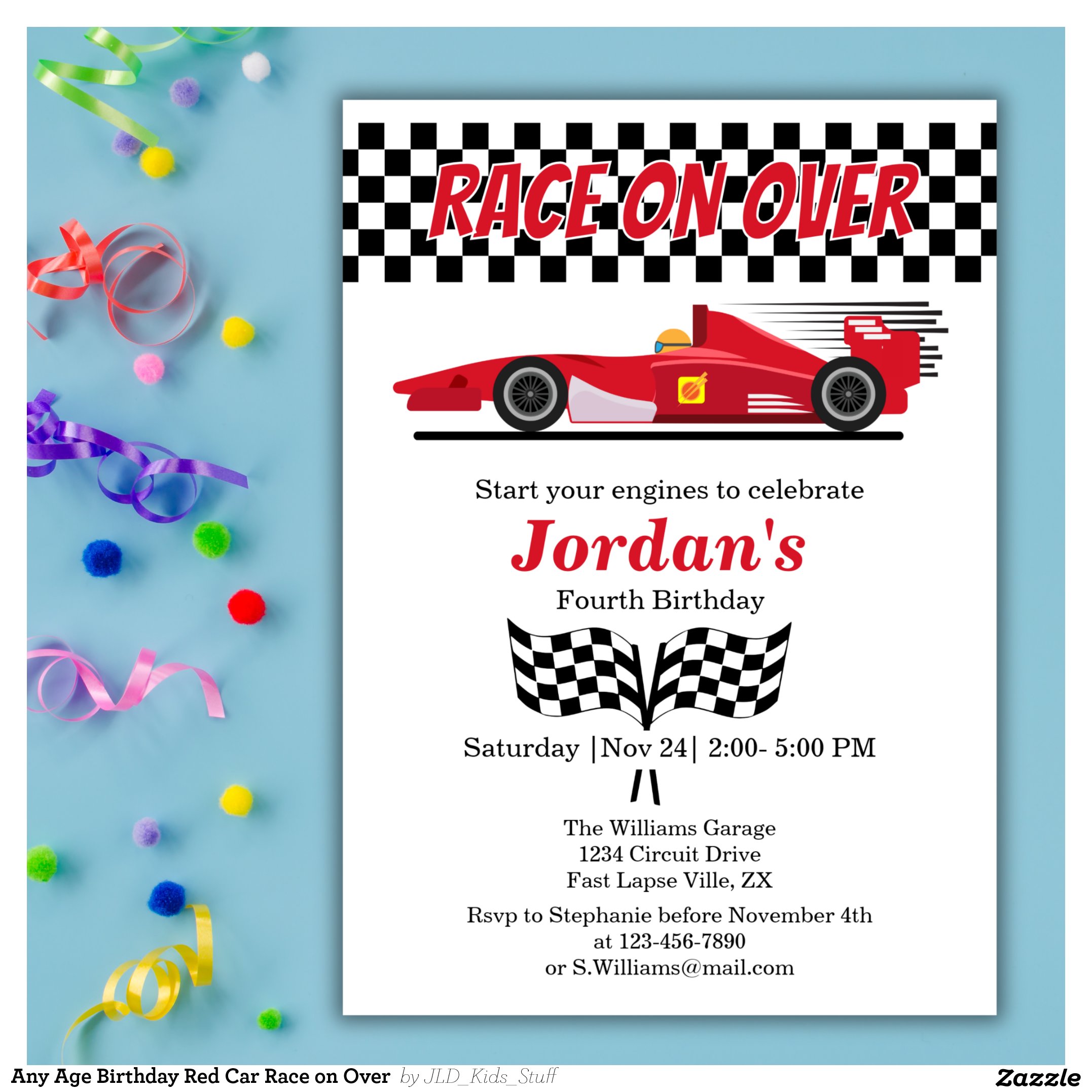 Any Age Birthday Red Car Race on Over  Invitation