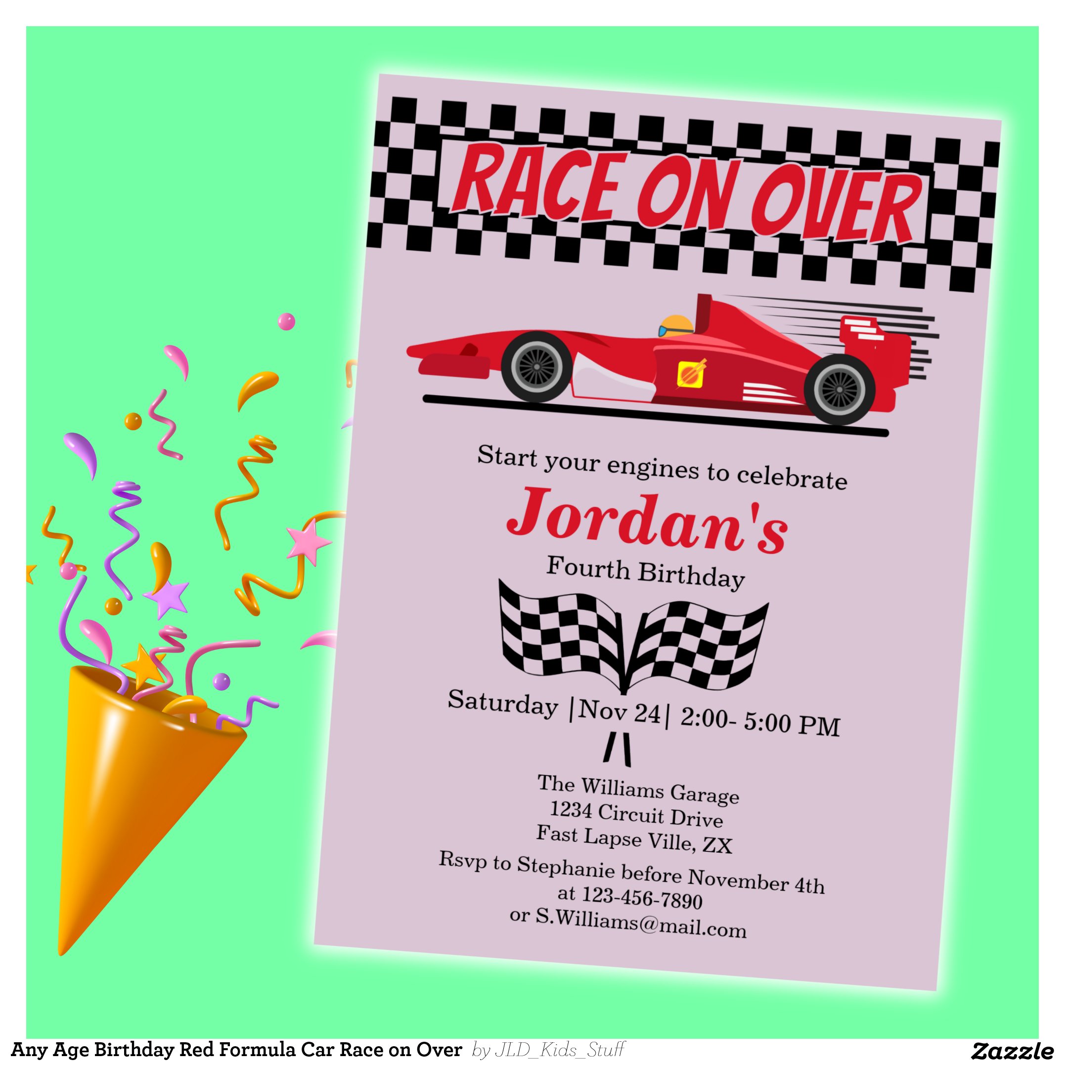 Any Age Birthday Red Formula Car Race on Over  Invitation