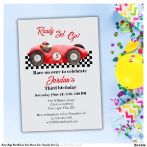 Any Age Birthday Red Race Car Ready Set Go Invitation