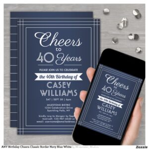 ANY Birthday Cheers Classic Border Navy Blue White Invitation