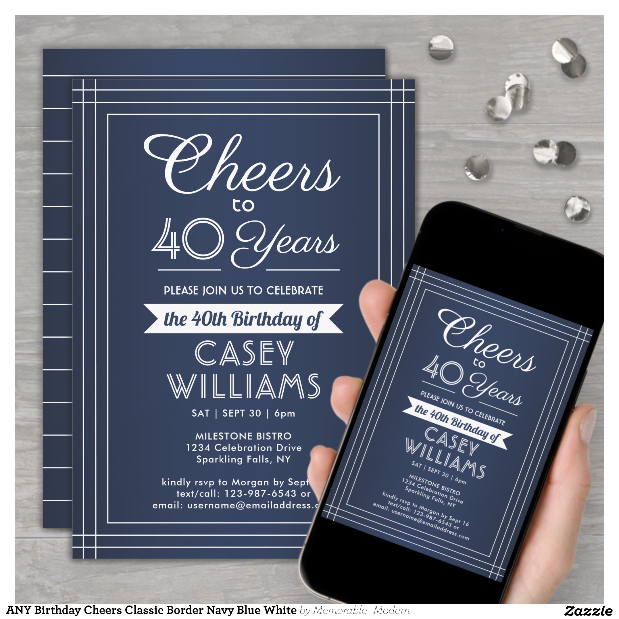 ANY Birthday Cheers Classic Border Navy Blue White Invitation