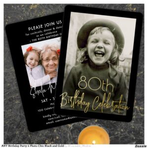 ANY Birthday Party 2 Photo Chic Black and Gold Foil Invitation