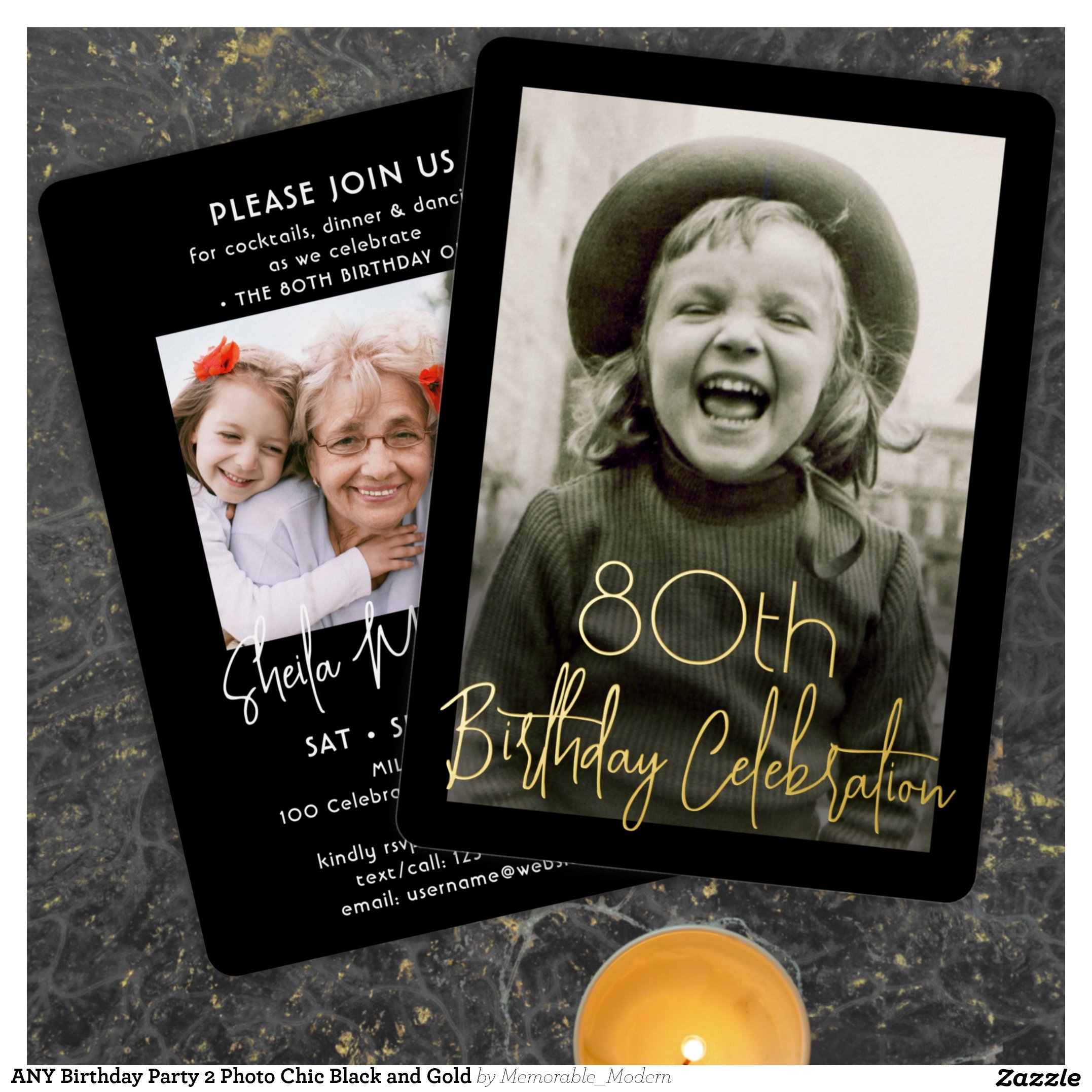 ANY Birthday Party 2 Photo Chic Black and Gold Foil Invitation