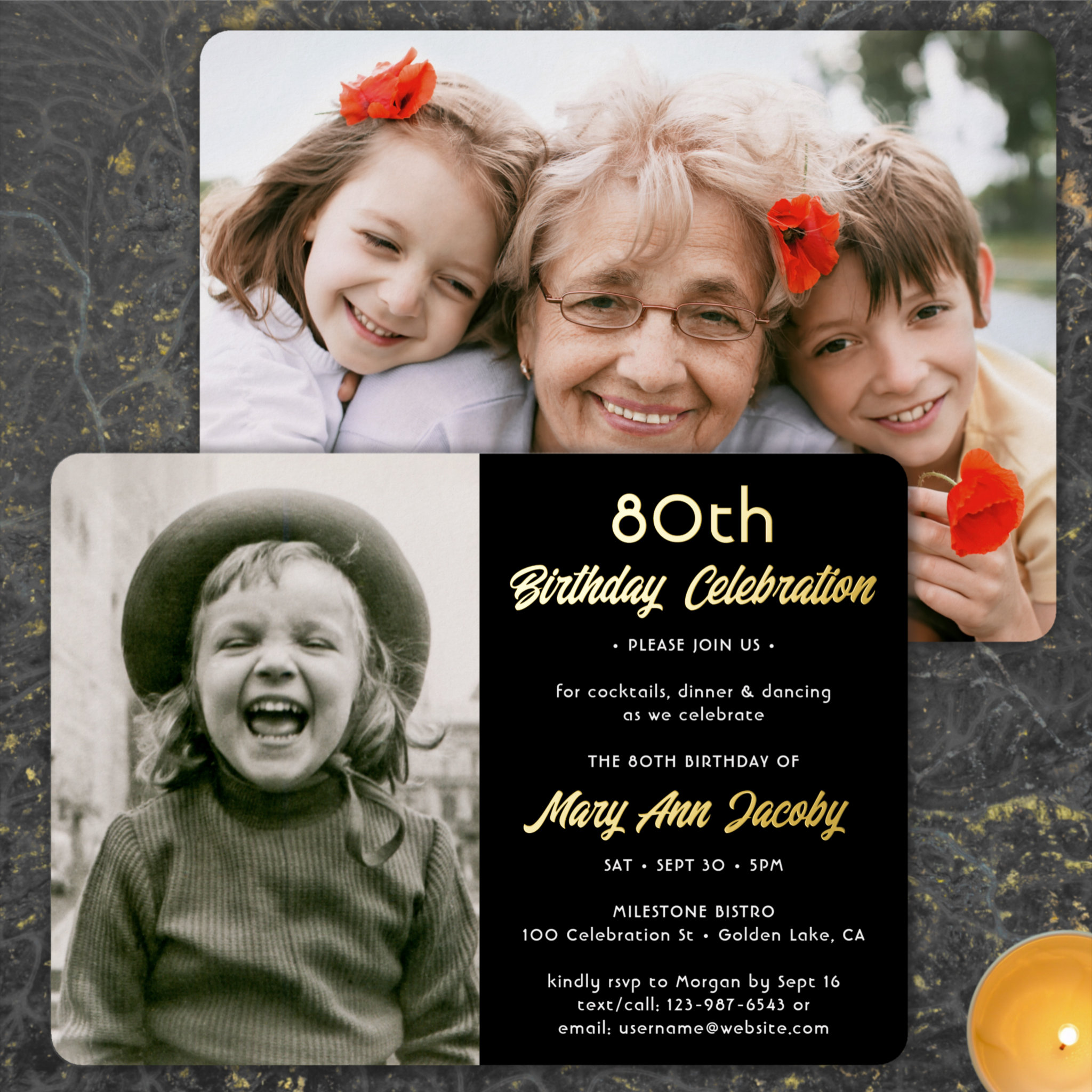 ANY Birthday Party 2 Photo Elegant Black and Gold Foil Invitation