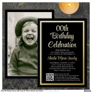 Any Birthday Party QR Code & Photo Black and Gold Foil Invitation