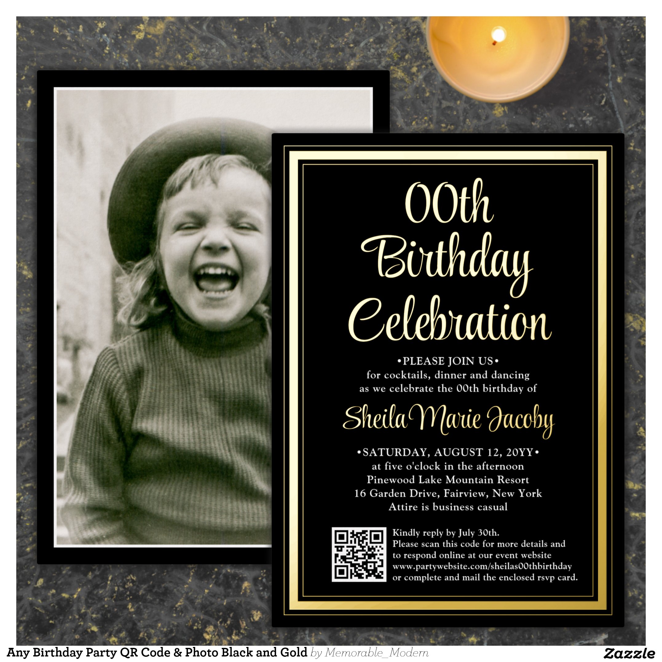 Any Birthday Party QR Code & Photo Black and Gold Foil Invitation